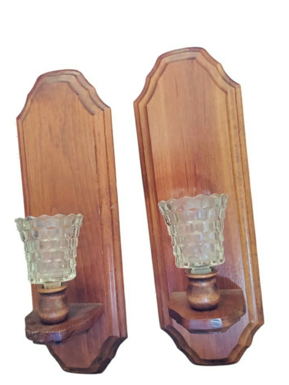 Set Of Wooden Vintage Wall Sconces With Glass Votive holders Cottagecore